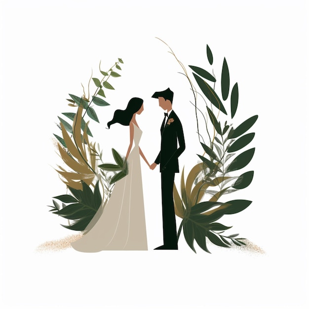 Жених и невеста стоят перед цветочной аркой.