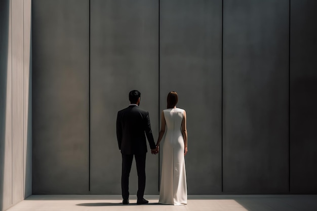 A bride and groom stand in front of a wall that says'love is in the air '