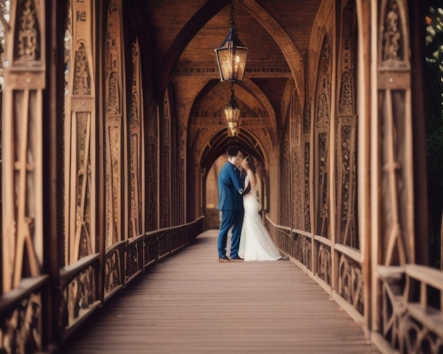 a bride and groom stand in a hall with the lights on the ceiling.