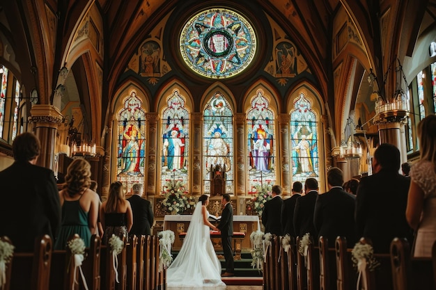 Photo a bride and groom stand together at the alter of a church taking part in their wedding ceremony classic church wedding with grand stained glass windows ai generated