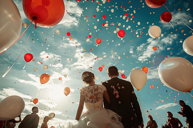 Foto una sposa e uno sposo in piedi sotto un mucchio di palloncini