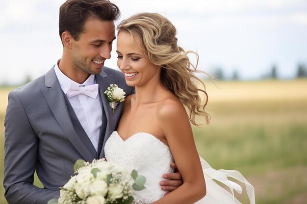 a bride and groom standing in a field