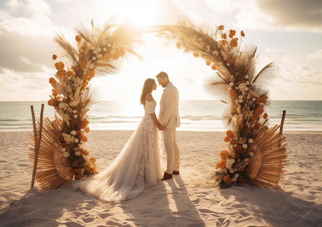 bride and groom standing under a floral arch on the beach generative ai