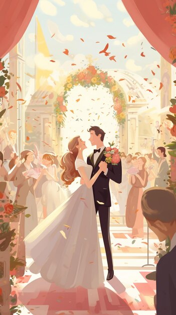 bride and groom standing in front of a crowd of people generative ai