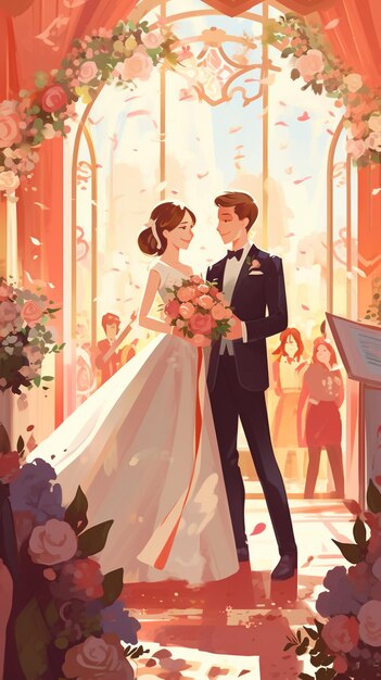 bride and groom standing in front of a wedding arch generative ai