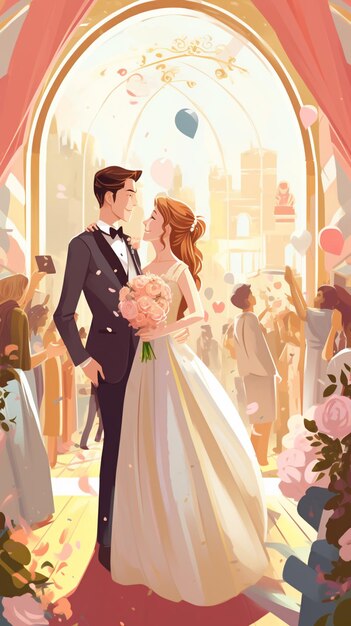 bride and groom standing in front of a wedding arch generative ai