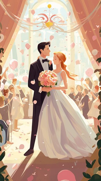 bride and groom standing in front of a wedding ceremony with confetti generative ai