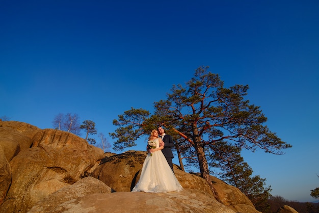 Bride and groom standing on a rock