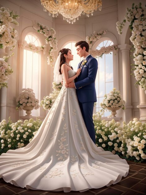 a bride and groom standing in a room with flowers and chandelier