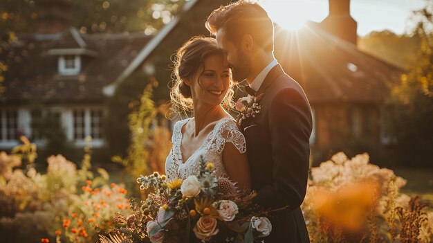 the bride and groom in the sun