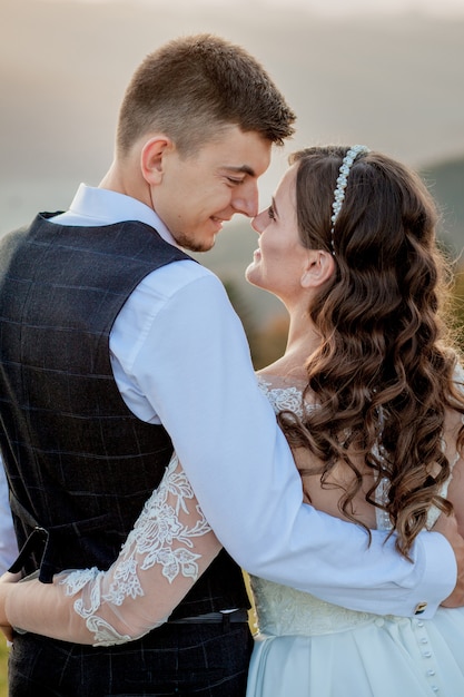 Bride and Groom at Sunset Romantic Married Couple