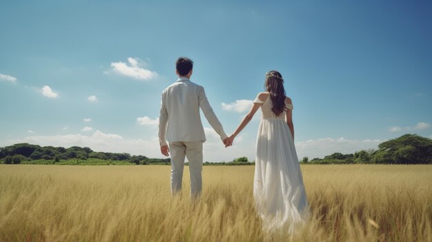 A bride and groom take a photo holding hands