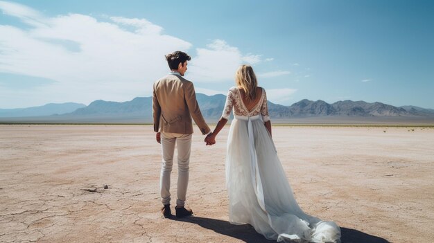 A bride and groom take a photo holding hands