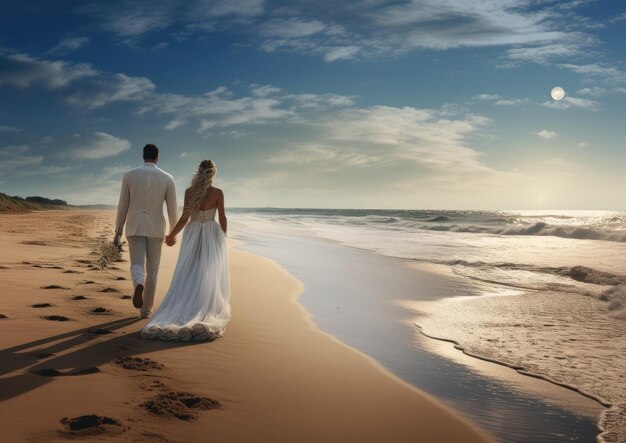 A bride and groom taking a walk together on the beach