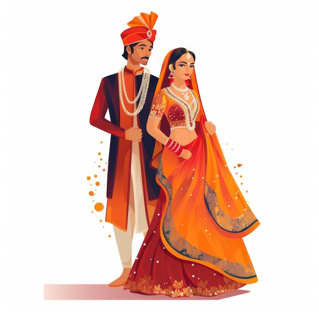 Bride and groom in traditional indian wedding dress couple illustration