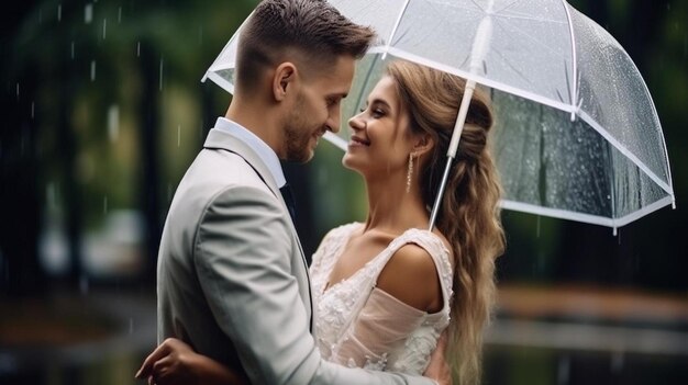 Photo bride and groom under an umbrella