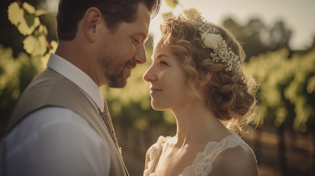 Bride and groom in a vineyard