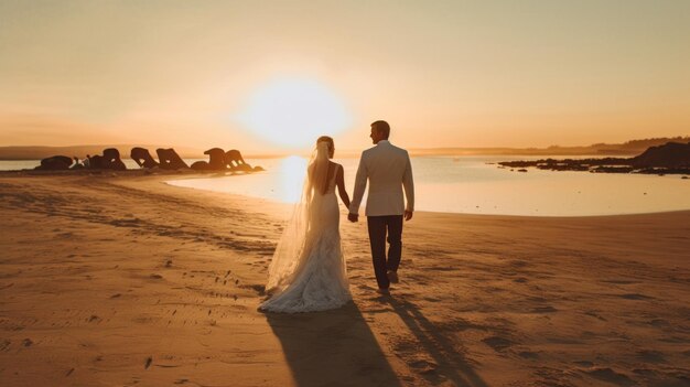 A bride and groom walk on a beach at sunset