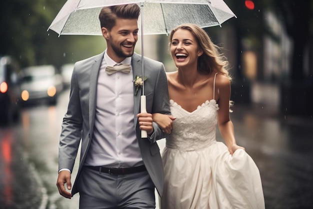 Photo a bride and groom walk down the street under an umbrella