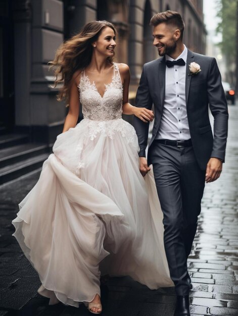 bride and groom walk down the street