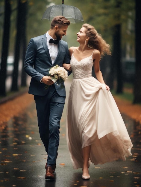 a bride and groom walk down a wet sidewalk in the rain