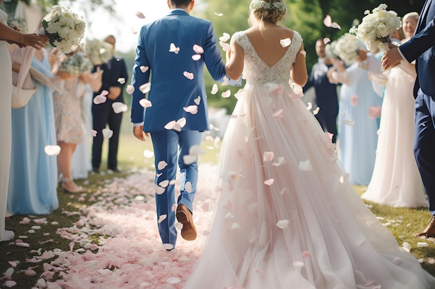 The bride and groom walk on flower petals among the guests