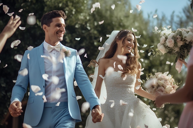 The bride and groom walk on flower petals among the guests