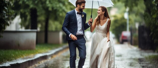 Photo a bride and groom walk in the rain