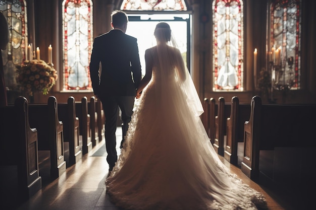 Bride and groom walking down aisle of church together at night generative ai