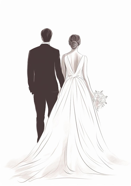 Photo bride and groom walking hand in hand in a sketch generative ai