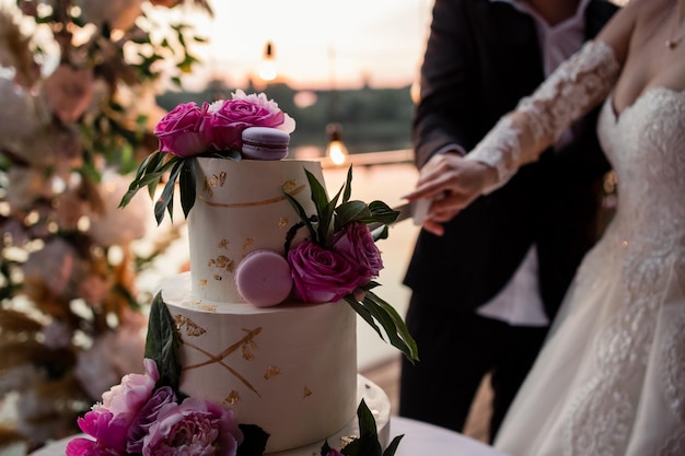 Bride and groom at the wedding cutting the wedding cake