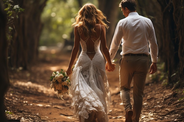 Bride and groom at wedding Day walking Outdoors