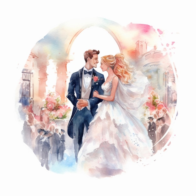 Bride and groom in a wedding dress standing in front of a crowd generative ai