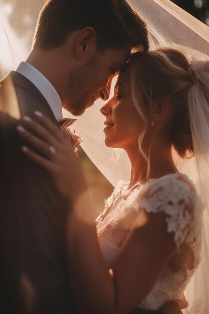 Bride and groom in a wedding dress with a veil