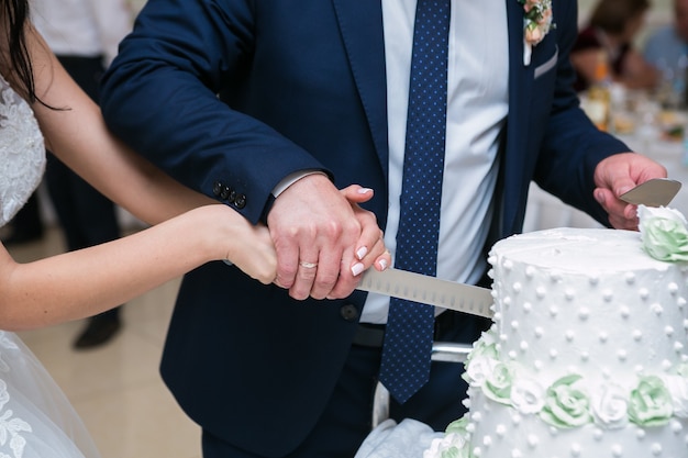 Bride and Groom at Wedding Reception Cutting the tasty wedding Cake. Traditional