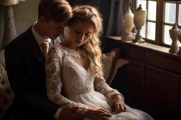 A bride and groom in a white lace dress are looking at each other and the bride is wearing a white lace dress.