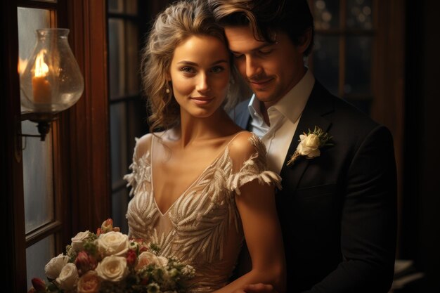 bride and groom at the window