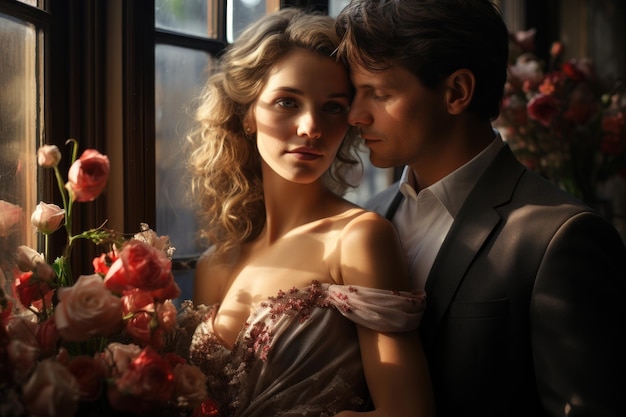 bride and groom at the window