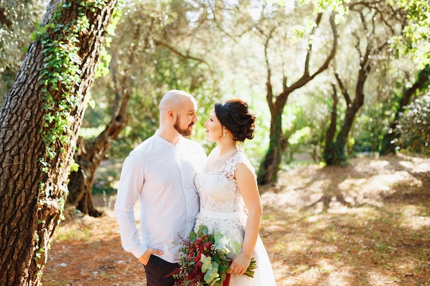 Gli sposi con un bouquet stanno abbracciati tra gli alberi in un uliveto