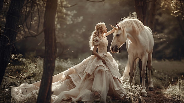 Foto la sposa e il suo cavallo sono nel bosco.