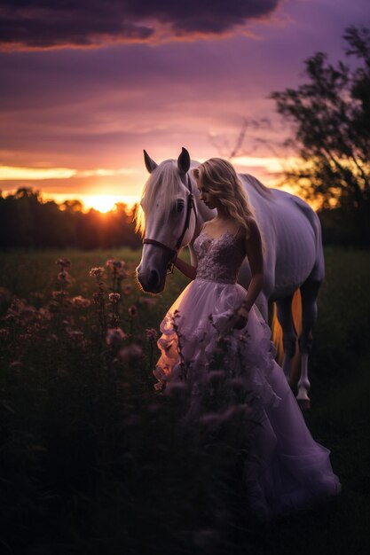 Photo a bride and her horse in a field with the sunset behind them.