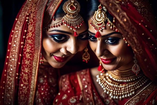 A bride and her sister pose for a photo in their wedding dress.