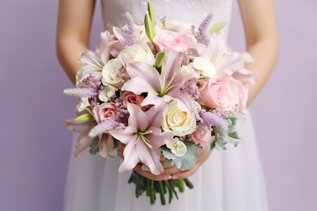 A bride holding a bouquet of pink lilies and roses.