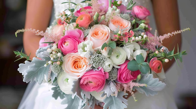 A bride holding a bouquet of pink and white flowers