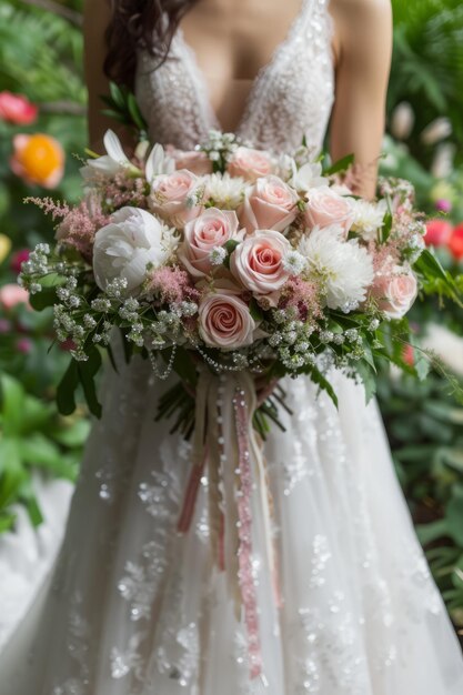 A bride holding a bouquet of pink and white flowers