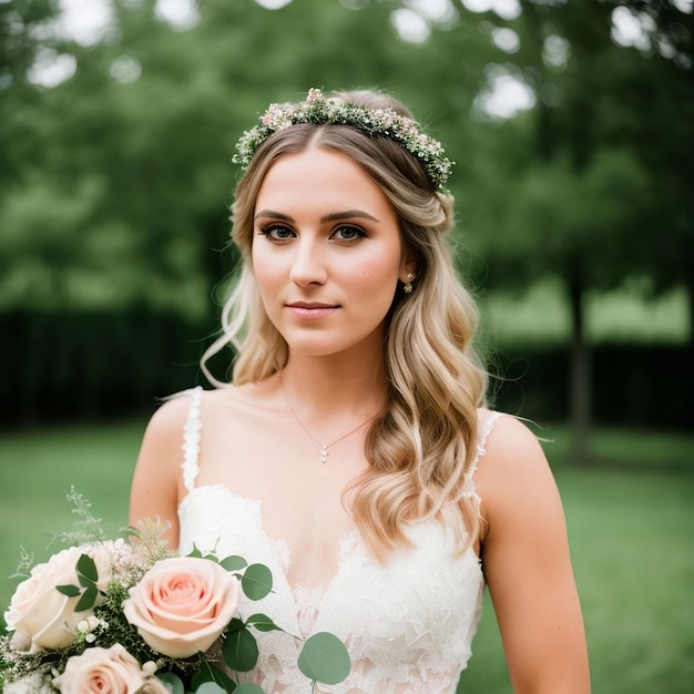 Bride holding a bouquet of roses in a garden