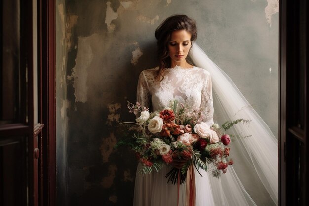 Bride holding bouquet while standing in a field of flowers