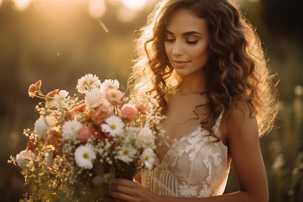 Bride holding bouquet while standing in a field of flowers