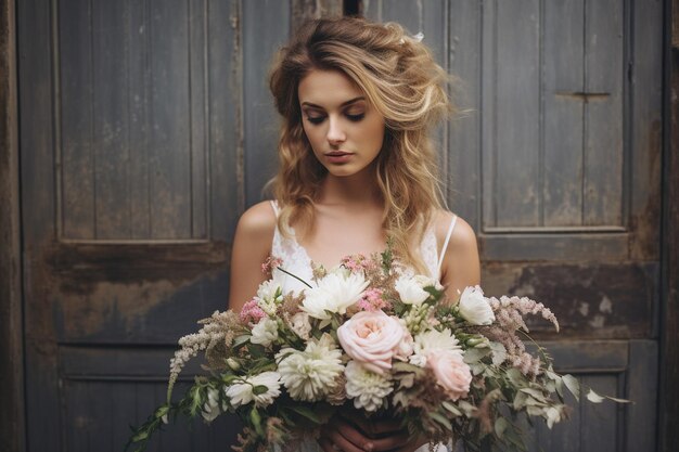 Bride holding the bouquet while standing in a field of wildflowers