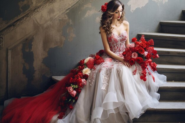 Bride holding the bouquet while standing in a field of wildflowers